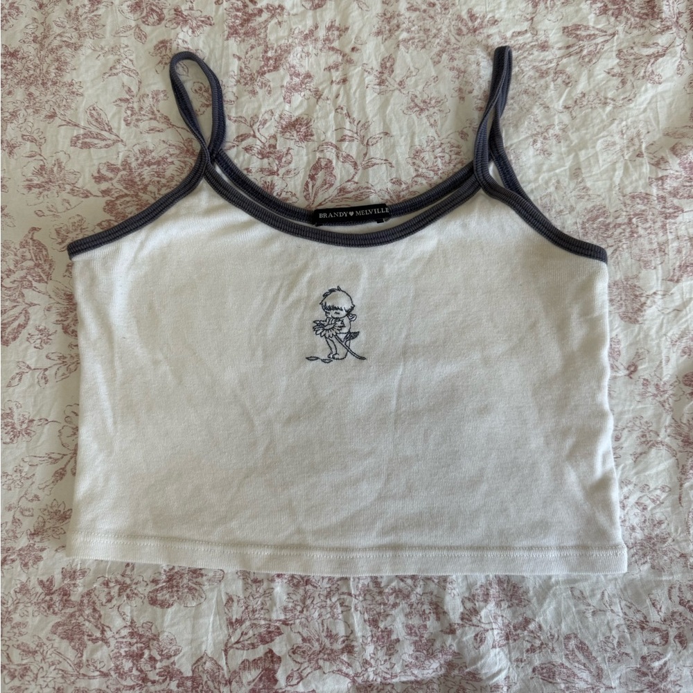 Brandy Melville White Cropped Tank with Blue Trim